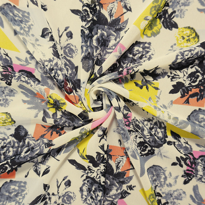 Ivory-Black-Multi Poly Floral Geo Print Chiffon Woven Fabric