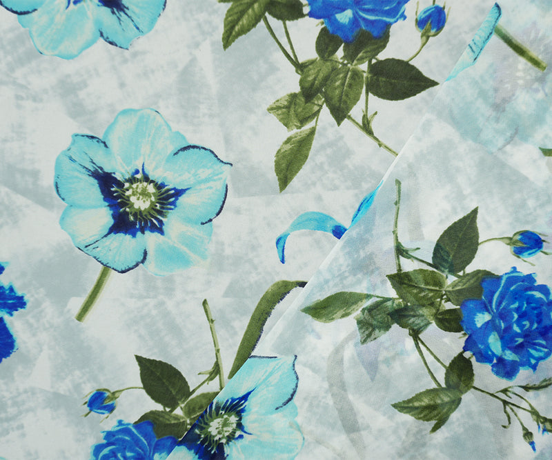 White-Teal-Gray Poly Floral Printed Chiffon Woven Fabric
