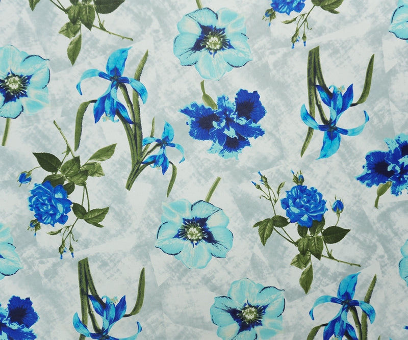 White-Teal-Gray Poly Floral Printed Chiffon Woven Fabric
