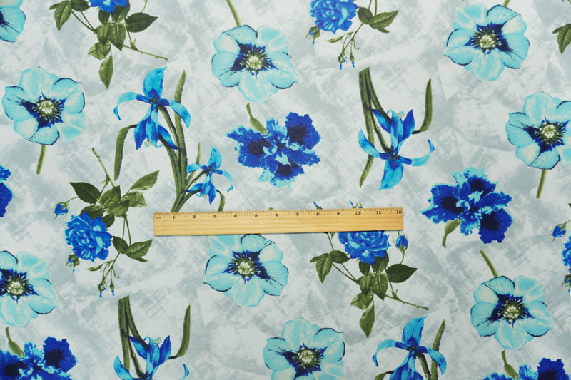 White-Teal-Gray Poly Floral Printed Chiffon Woven Fabric