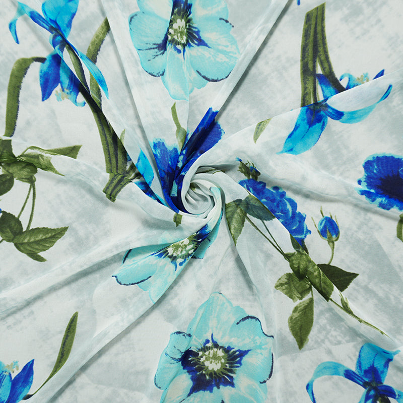 White-Teal-Gray Poly Floral Printed Chiffon Woven Fabric