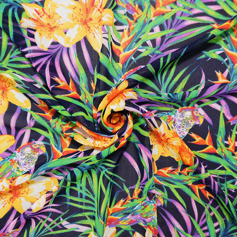 Black-Purple-Yellow Poly Tropical Bird Chiffon Woven Fabric
