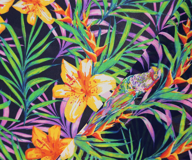 Black-Purple-Yellow Poly Tropical Bird Chiffon Woven Fabric