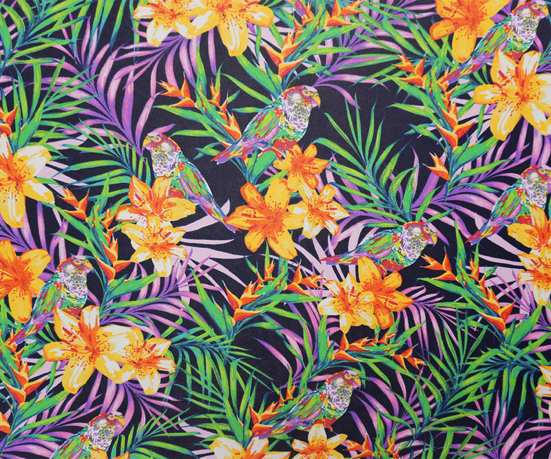 Black-Purple-Yellow Poly Tropical Bird Chiffon Woven Fabric