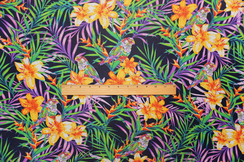 Black-Purple-Yellow Poly Tropical Bird Chiffon Woven Fabric