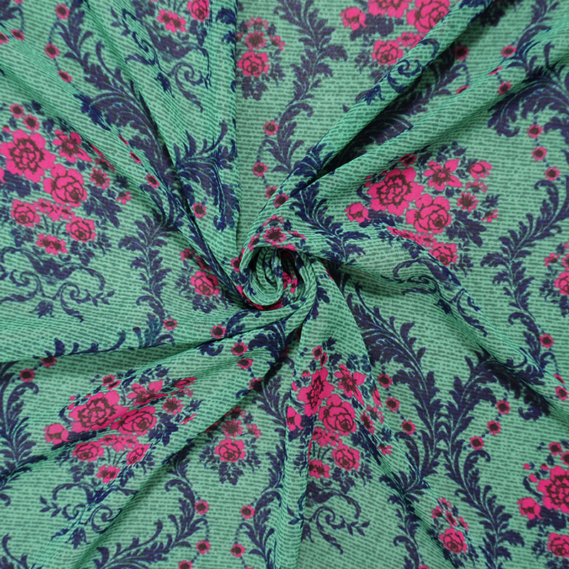 Green-Pink-Multi Poly Floral Printed Chiffon Woven Fabric