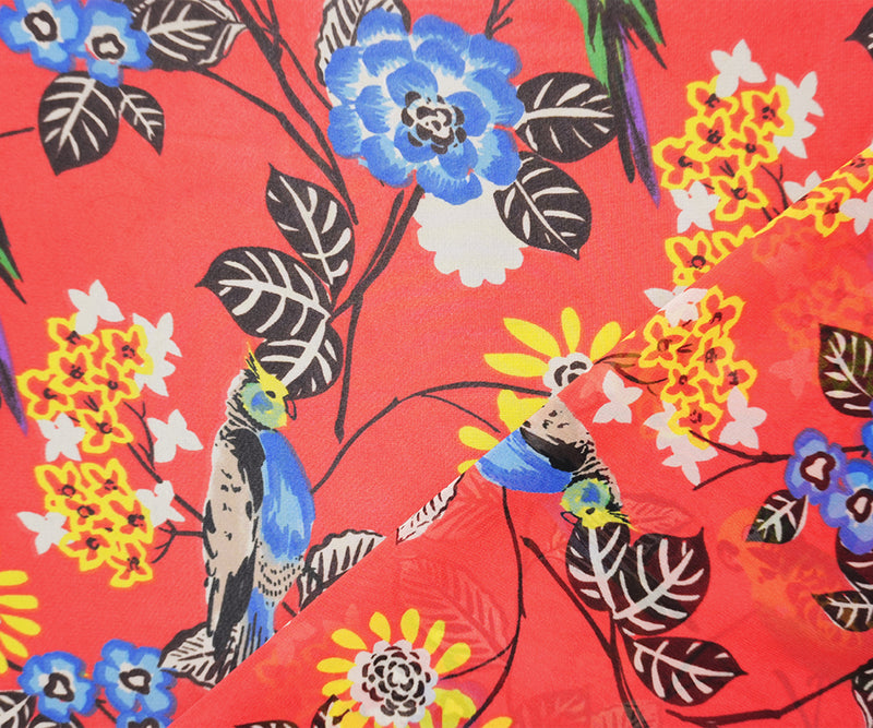 Red-Blue-Multi Poly Floral Printed Chiffon Woven Fabric