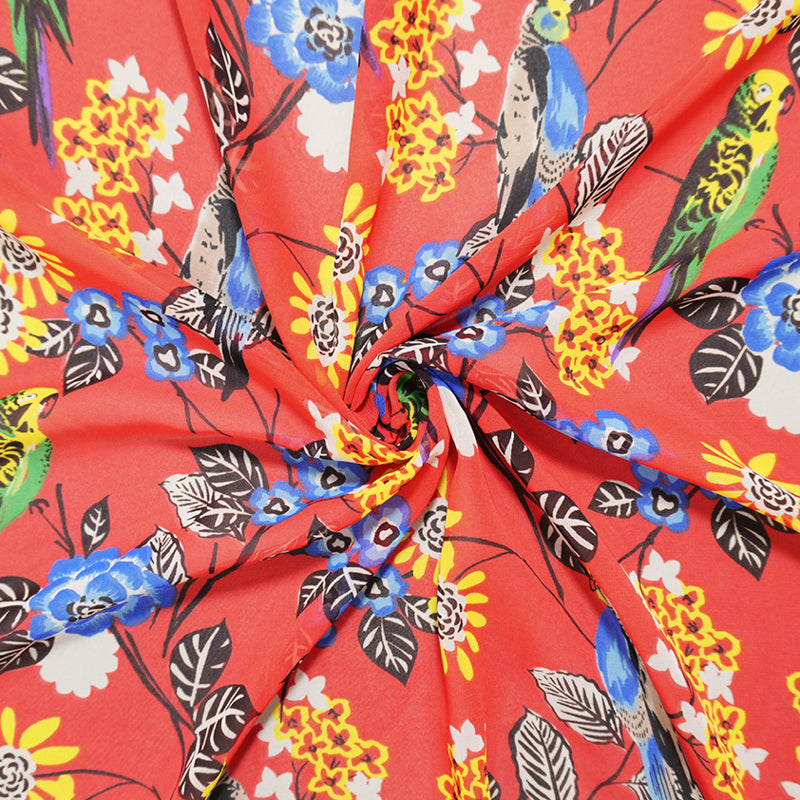 Red-Blue-Multi Poly Floral Printed Chiffon Woven Fabric