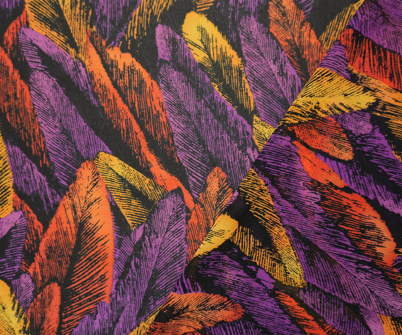Purple-Orange Poly Feather Printed Chiffon Woven Fabric