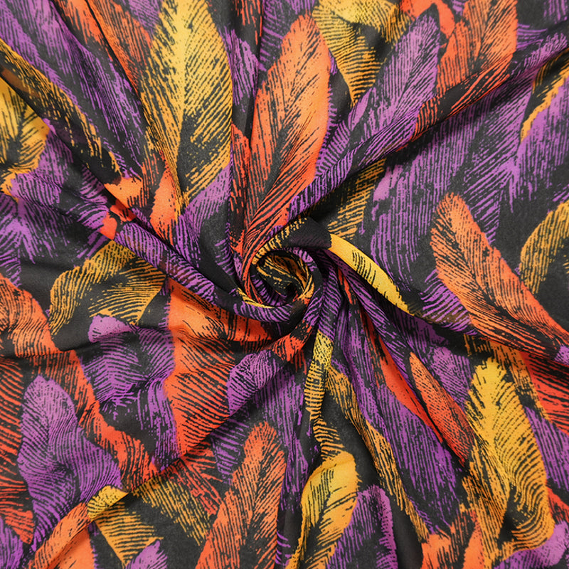 Purple-Orange Poly Feather Printed Chiffon Woven Fabric