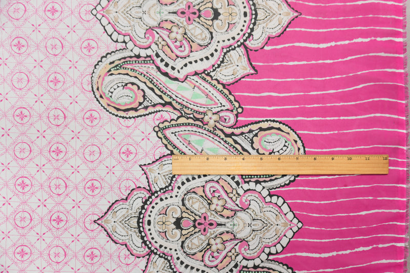 Pink-White-Multi Poly Paisley Border Printed Chiffon Woven Fabric
