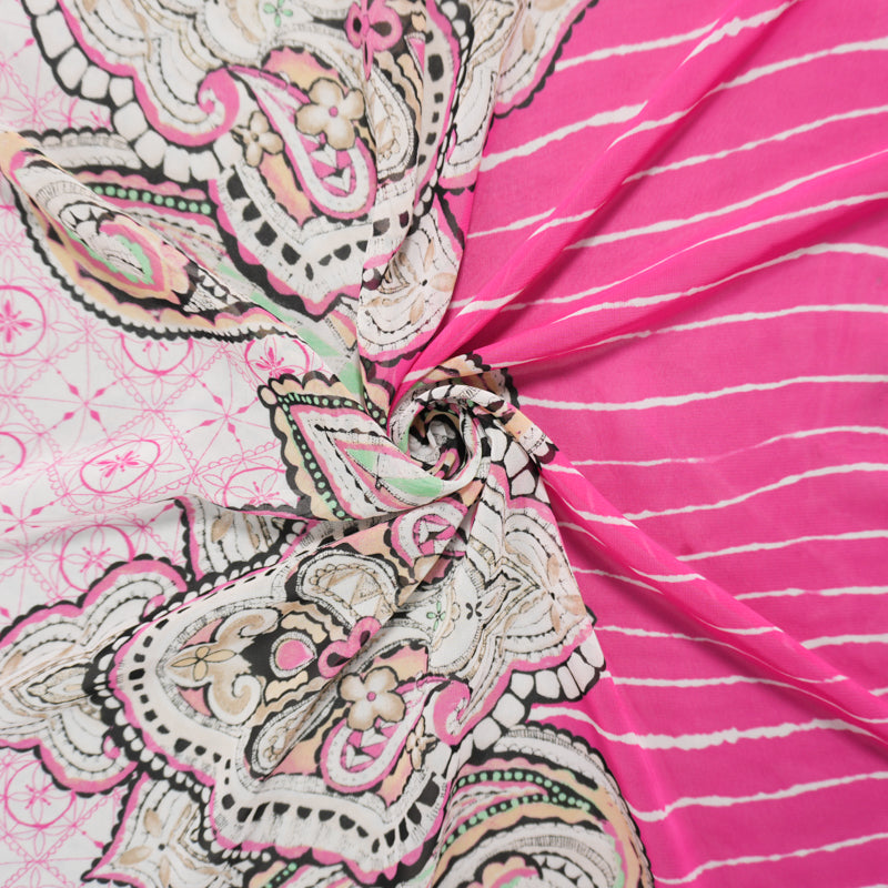 Pink-White-Multi Poly Paisley Border Printed Chiffon Woven Fabric