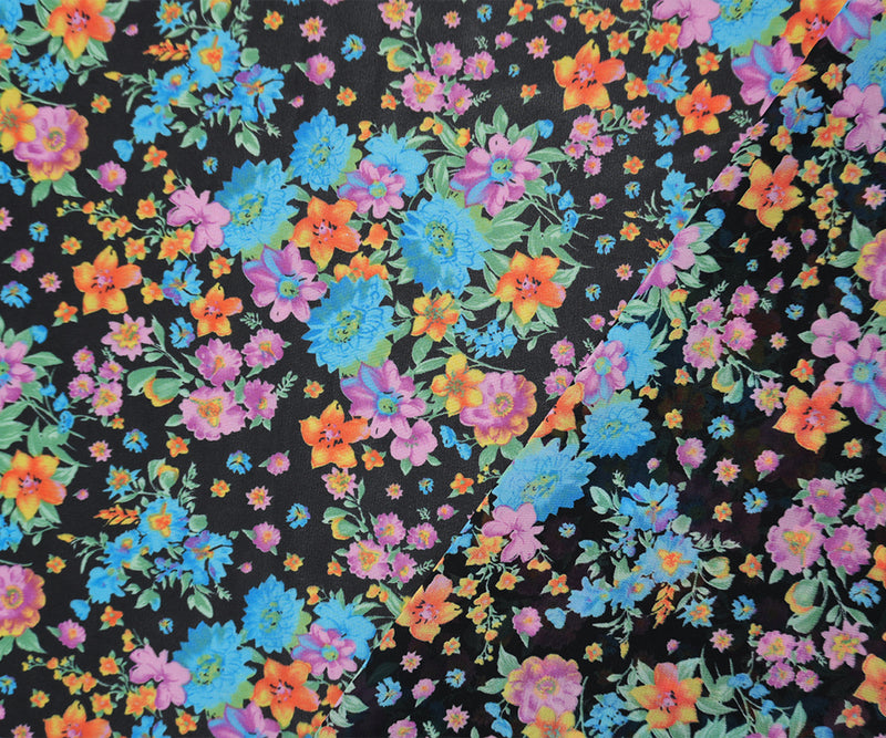 Black-Teal-Multi Poly Floral Printed Chiffon Woven Fabric