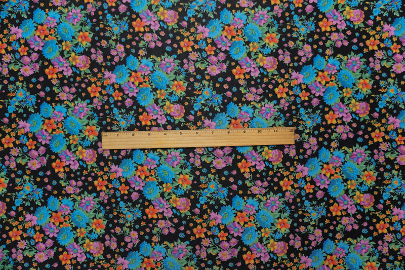 Black-Teal-Multi Poly Floral Printed Chiffon Woven Fabric