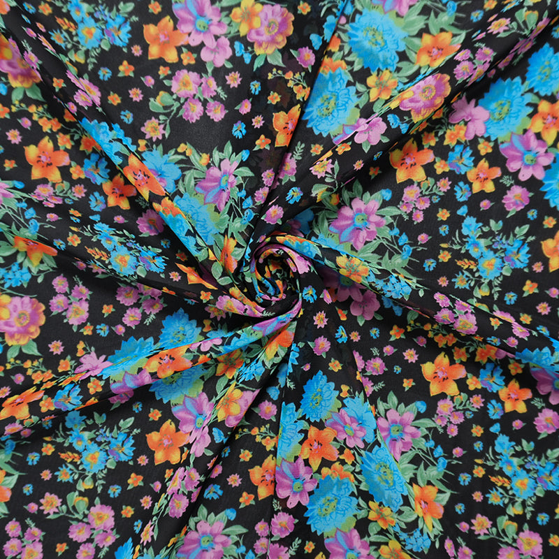Black-Teal-Multi Poly Floral Printed Chiffon Woven Fabric