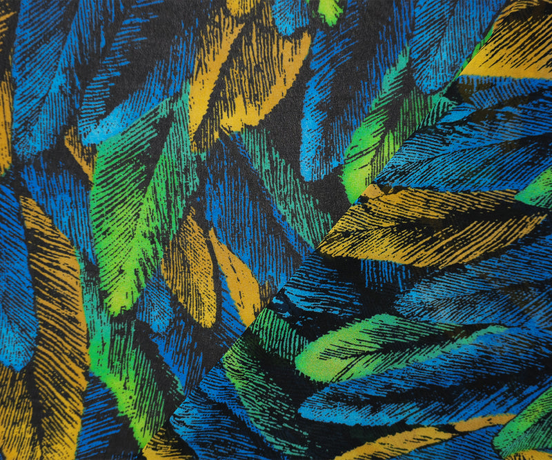 Blue-Green-Multi Poly Feather Printed Chiffon Woven Fabric