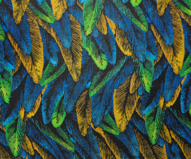 Blue-Green-Multi Poly Feather Printed Chiffon Woven Fabric