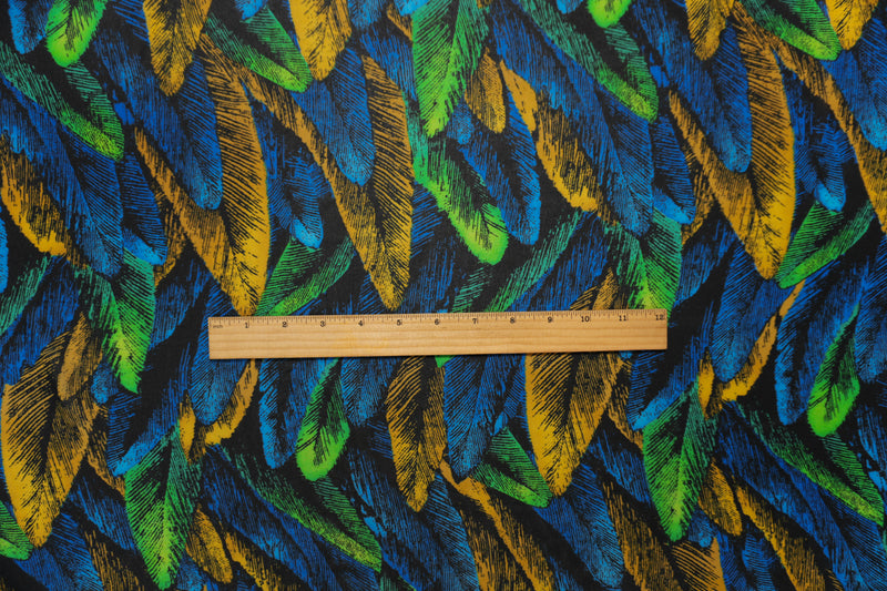 Blue-Green-Multi Poly Feather Printed Chiffon Woven Fabric