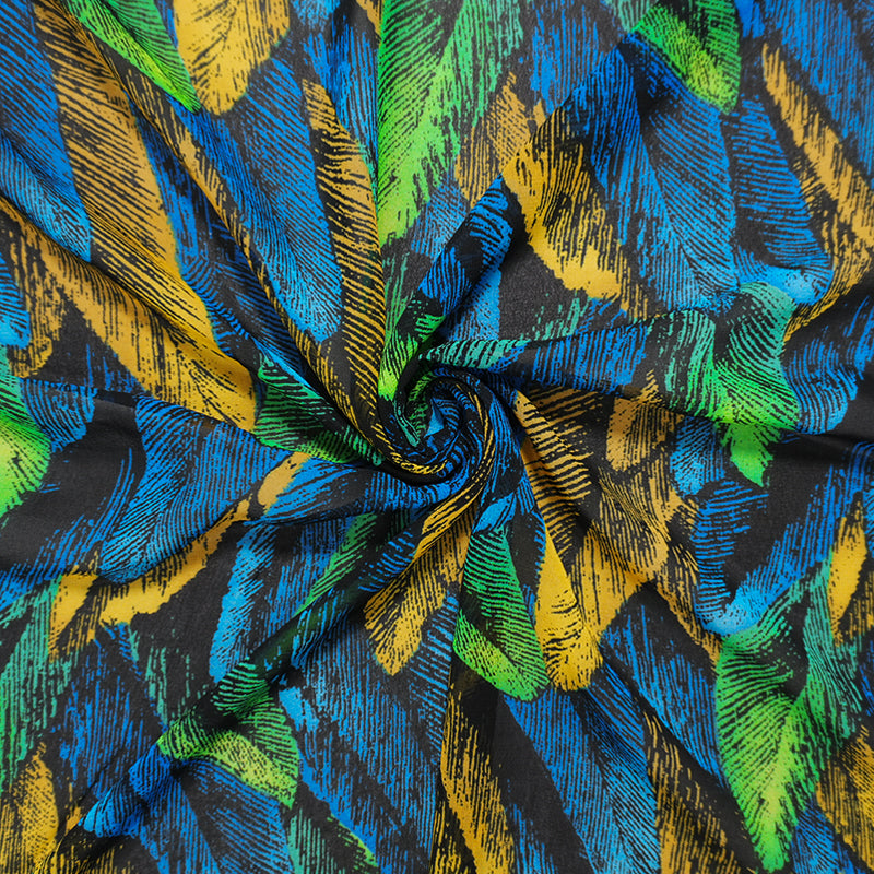 Blue-Green-Multi Poly Feather Printed Chiffon Woven Fabric