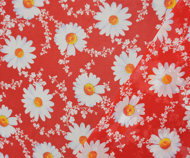 Red-White-Multi Poly Floral Printed Chiffon Woven Fabric