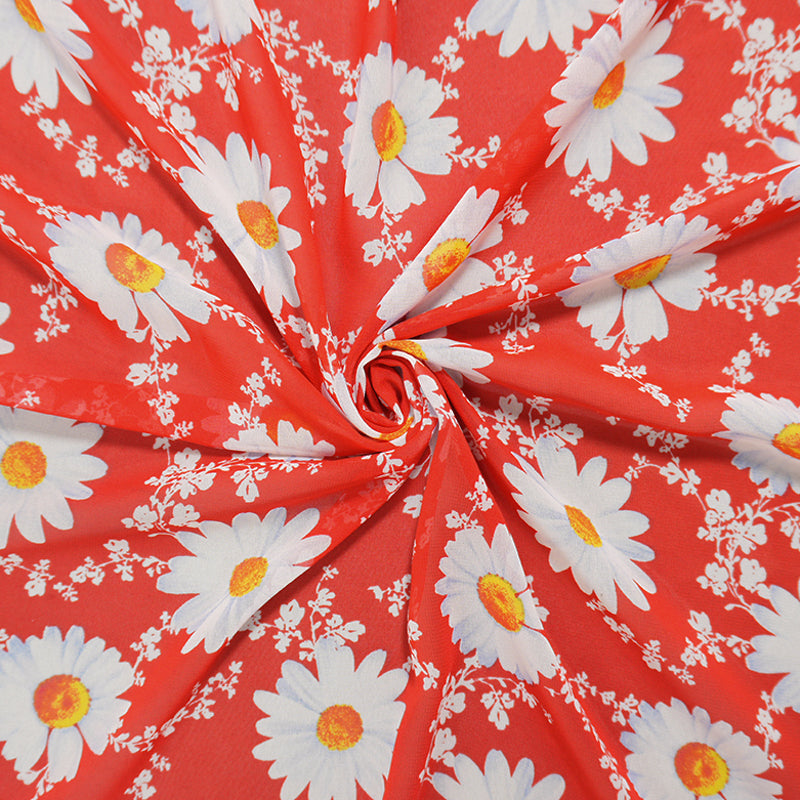 Red-White-Multi Poly Floral Printed Chiffon Woven Fabric