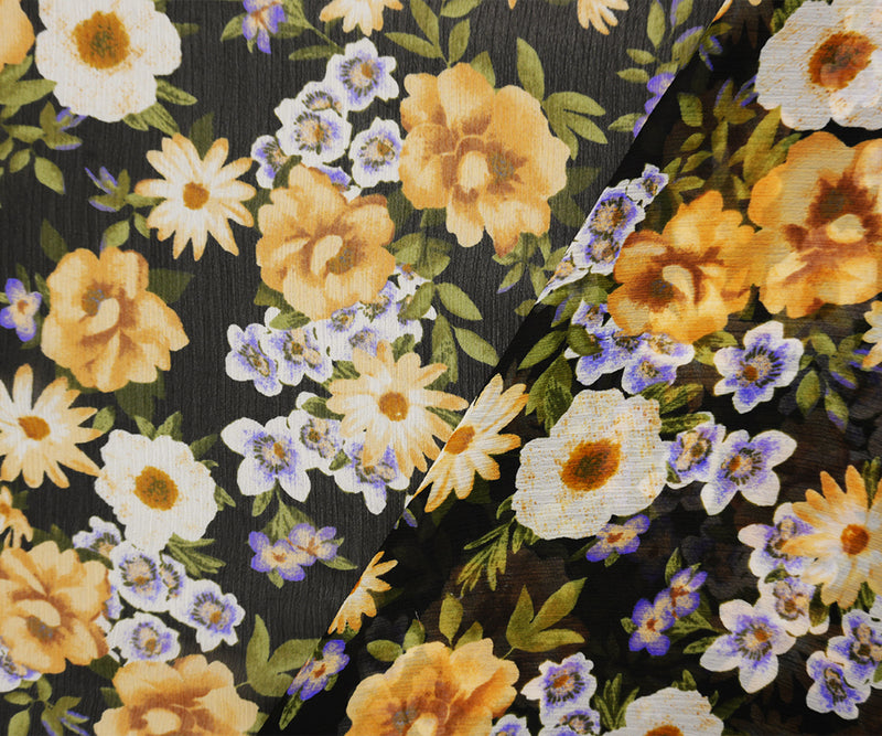 Black-Purple-Brown Poly Floral Printed Yoryu Chiffon Woven Fabric