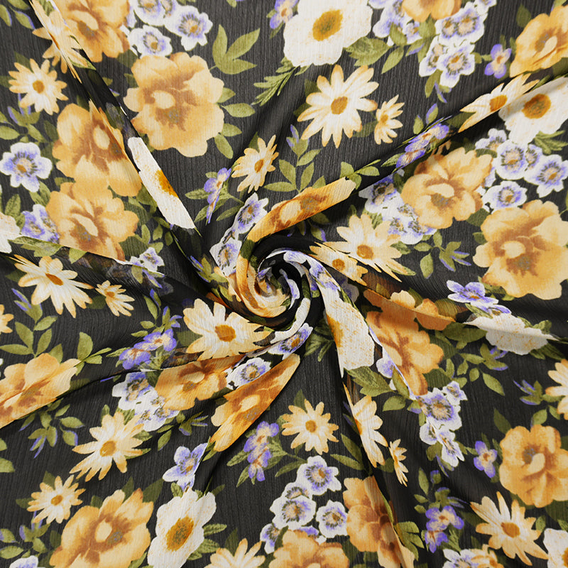 Black-Purple-Brown Poly Floral Printed Yoryu Chiffon Woven Fabric