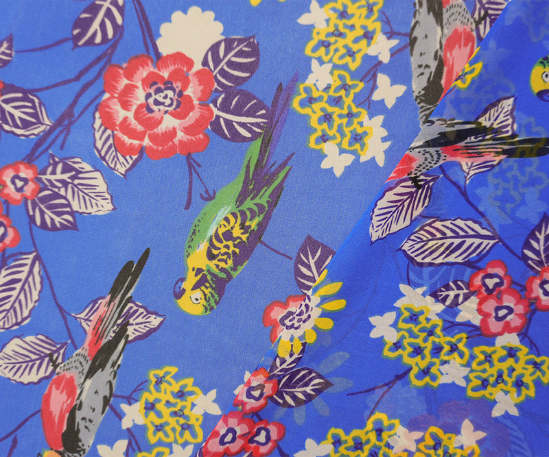 Blue-Yellow-Multi Poly Floral Bird Printed Chiffon Woven Fabric