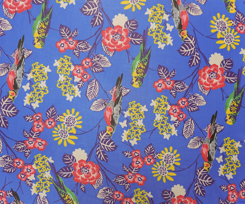 Blue-Yellow-Multi Poly Floral Bird Printed Chiffon Woven Fabric
