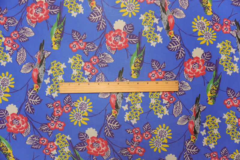 Blue-Yellow-Multi Poly Floral Bird Printed Chiffon Woven Fabric