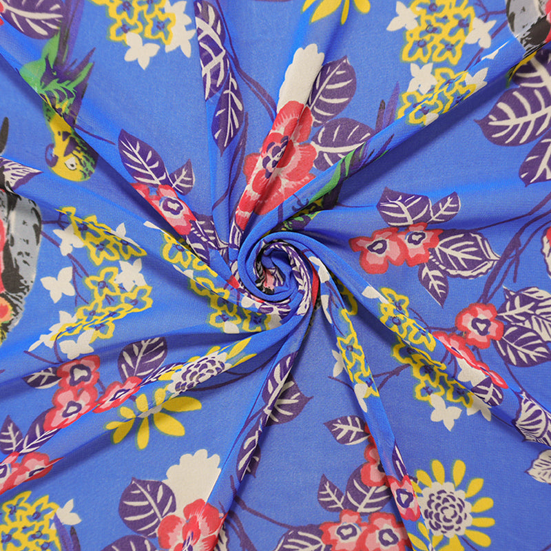 Blue-Yellow-Multi Poly Floral Bird Printed Chiffon Woven Fabric