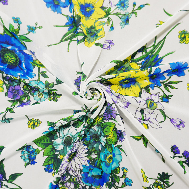 White-Purple-Yellow Poly Floral Printed Chiffon Woven Fabric