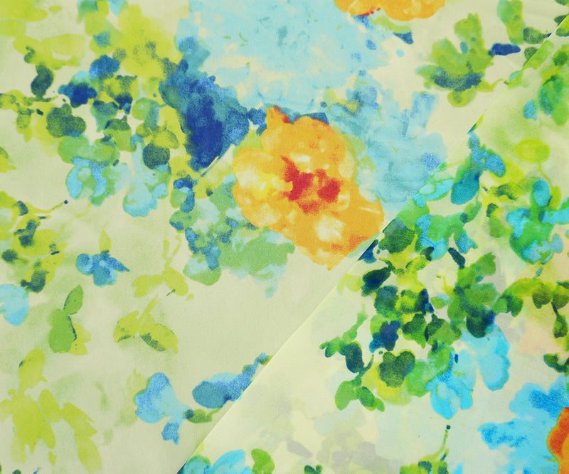 Yellow-Blue-Multi Poly Floral Printed Chiffon Woven Fabric