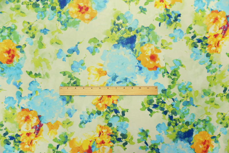 Yellow-Blue-Multi Poly Floral Printed Chiffon Woven Fabric