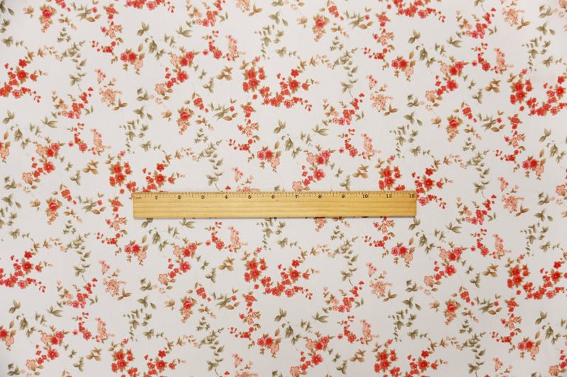 White-Red-Brown Poly Floral Printed Chiffon Woven Fabric