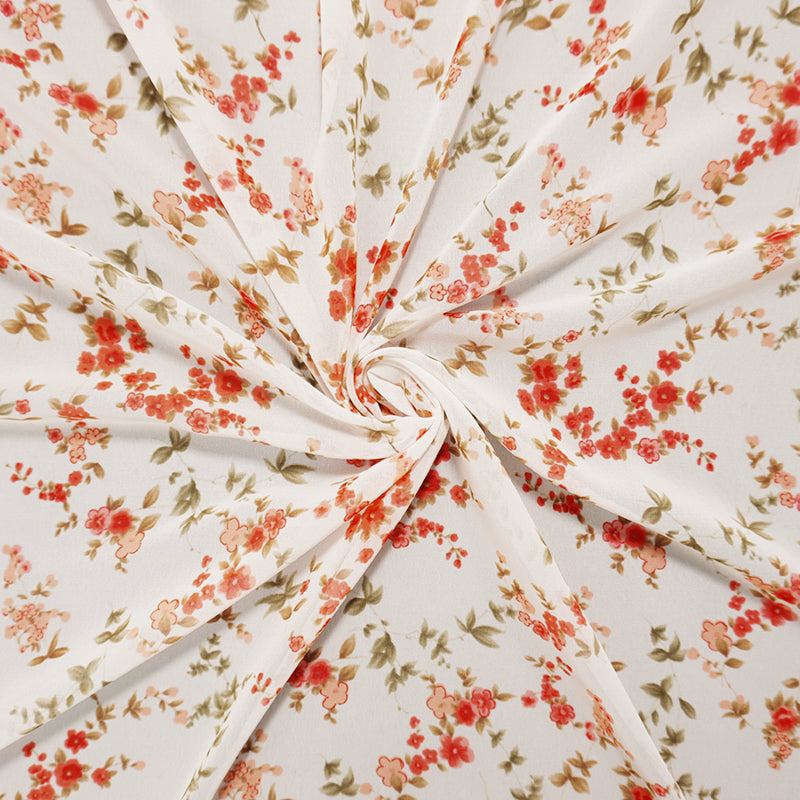 White-Red-Brown Poly Floral Printed Chiffon Woven Fabric