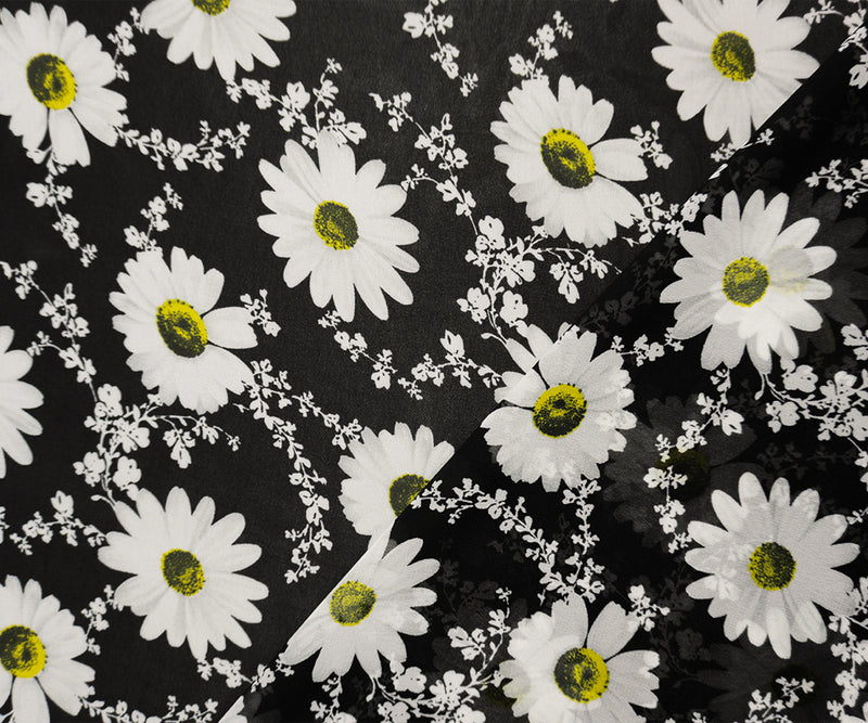 Black-White-Yellow Poly Floral Vine Printed Chiffon Woven Fabric