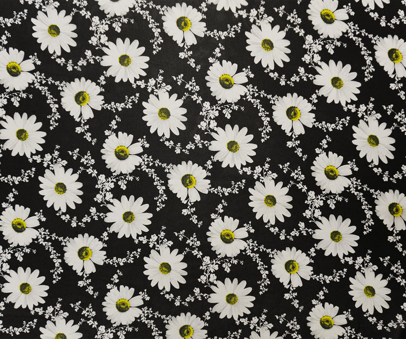 Black-White-Yellow Poly Floral Vine Printed Chiffon Woven Fabric