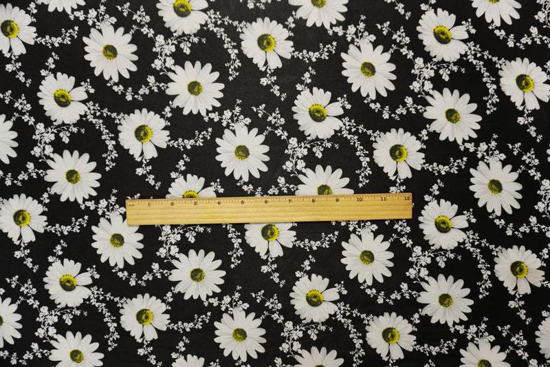 Black-White-Yellow Poly Floral Vine Printed Chiffon Woven Fabric