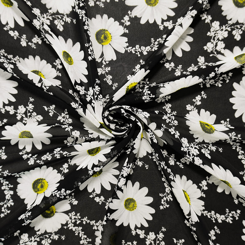 Black-White-Yellow Poly Floral Vine Printed Chiffon Woven Fabric
