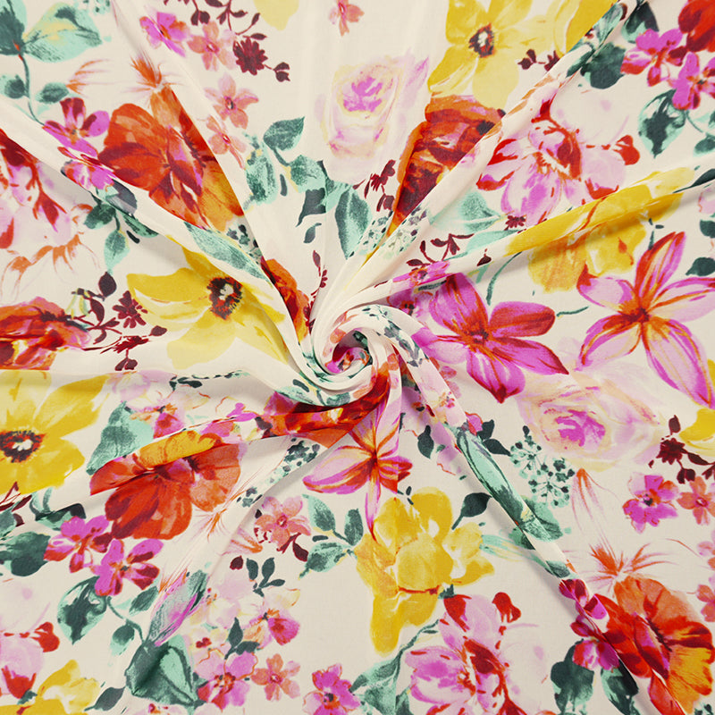 White-Yellow-Multi Poly Floral Printed Chiffon Woven Fabric