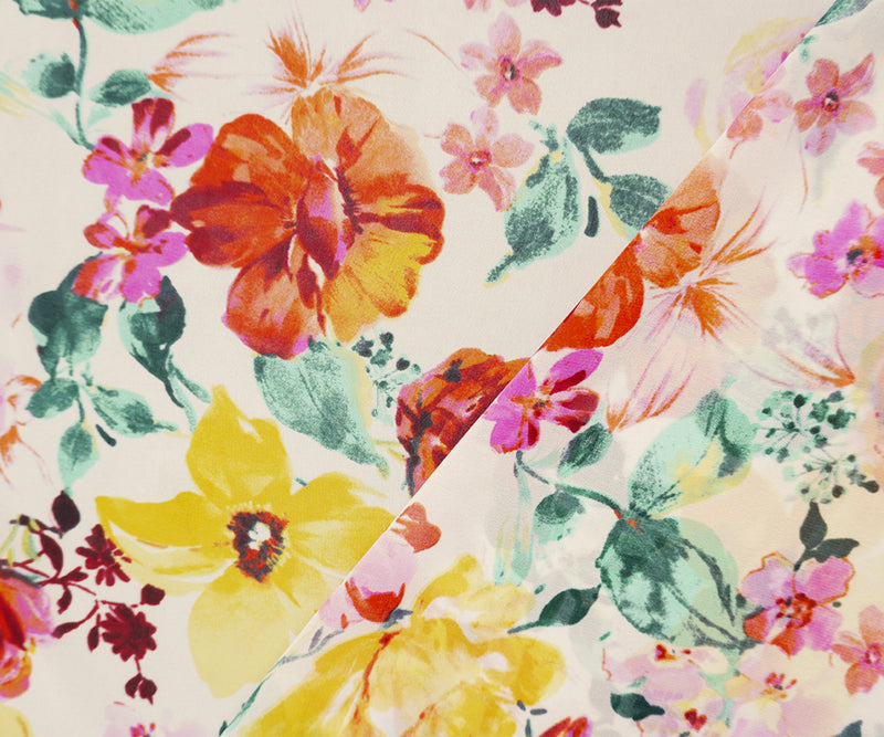 White-Yellow-Multi Poly Floral Printed Chiffon Woven Fabric