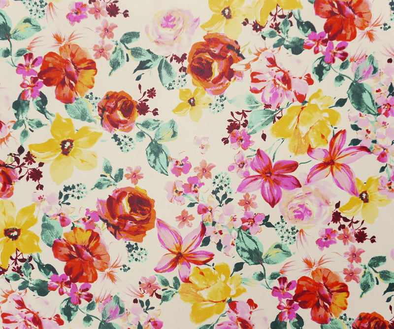 White-Yellow-Multi Poly Floral Printed Chiffon Woven Fabric