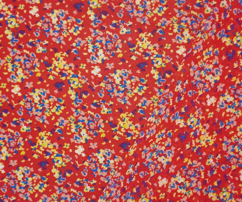 Red-Yellow-Multi Poly Abstract Floral Print Chiffon Woven Fabric
