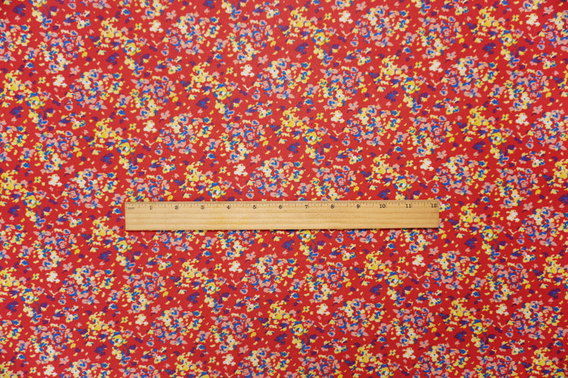 Red-Yellow-Multi Poly Abstract Floral Print Chiffon Woven Fabric