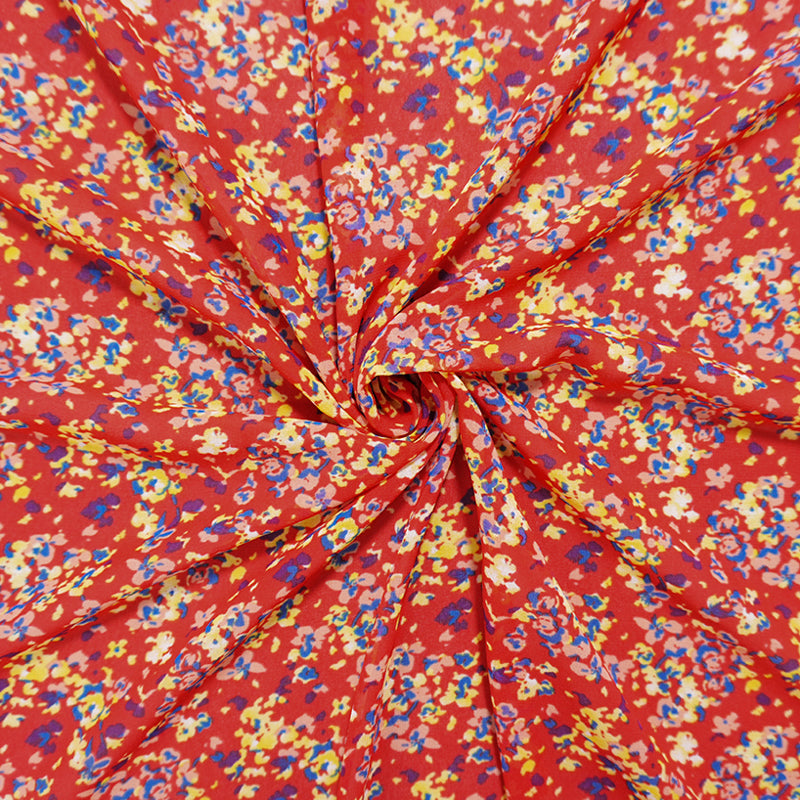 Red-Yellow-Multi Poly Abstract Floral Print Chiffon Woven Fabric