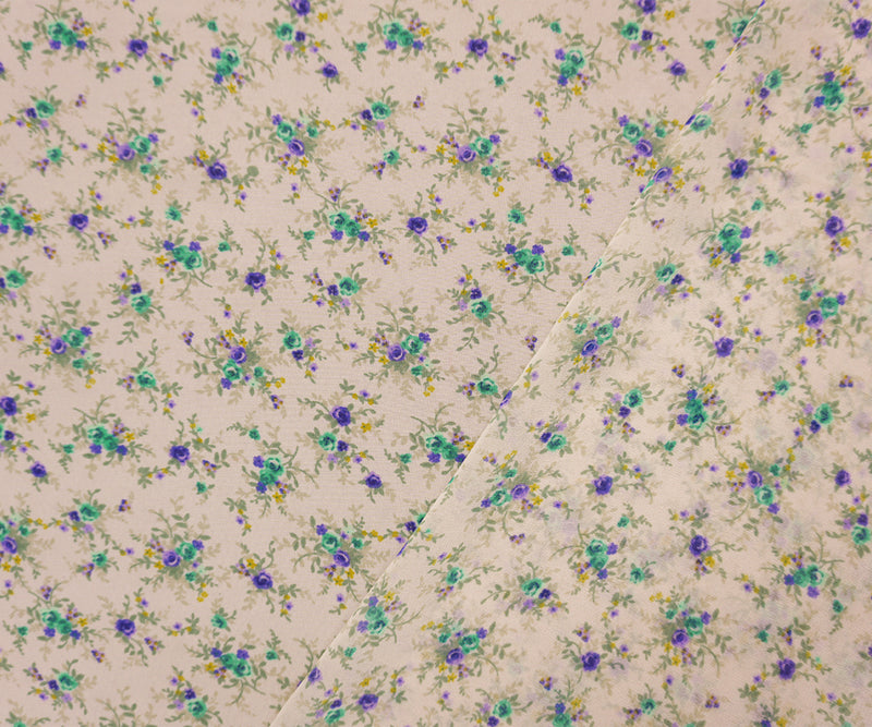 Beige-Purple-Green Poly Floral Printed Chiffon Woven Fabric