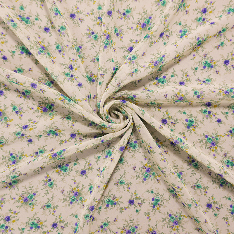 Beige-Purple-Green Poly Floral Printed Chiffon Woven Fabric