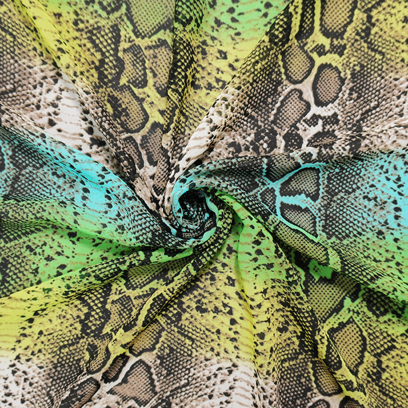Green-Yellow-Multi Poly Reptile Printed Chiffon Woven Fabric