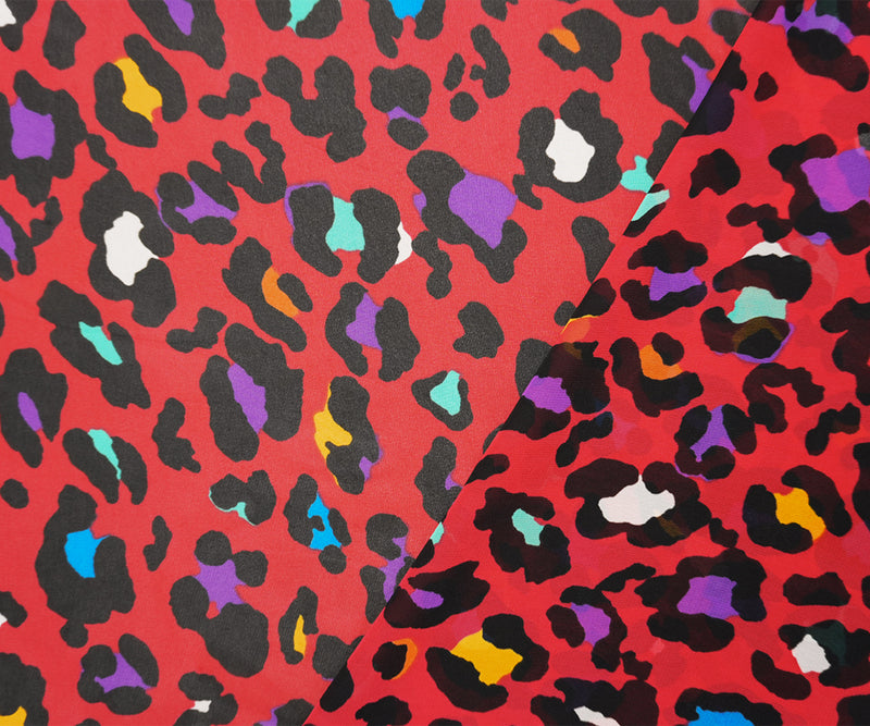 Red-Black-Multi Poly Leopard Printed Chiffon Woven Fabric